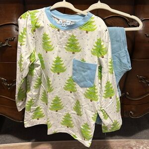 Busy Bee Smocks, blue trim Christmas tree pajamas, size 6
